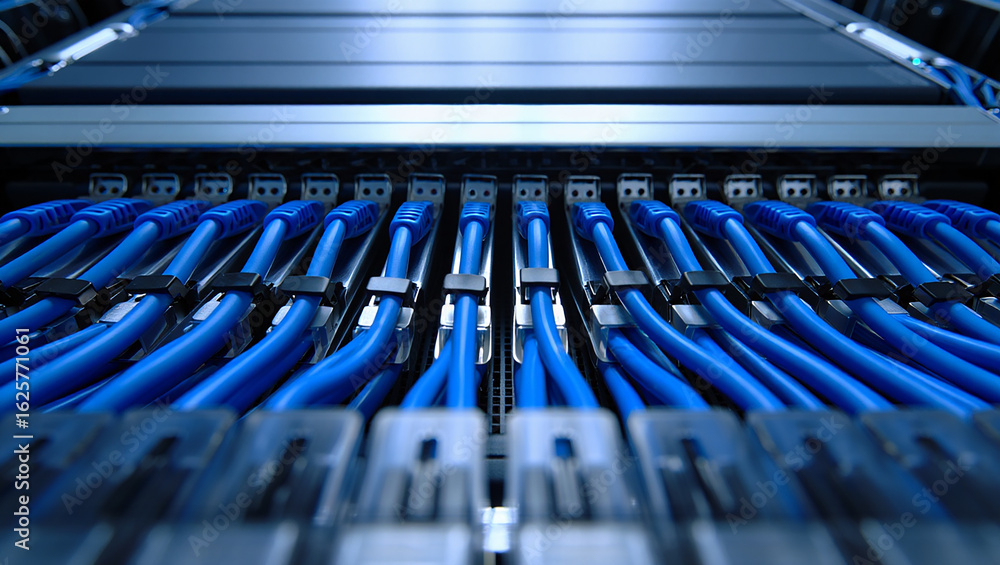 Obraz premium High Density Server Infrastructure with Blue Ethernet Cables Connecting Patch Panel Ports in Data Center