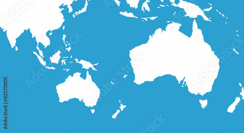 Minimalist depiction of Oceania and Southeast Asia continental landmasses in white against a light blue backdrop, conveying simplicity and