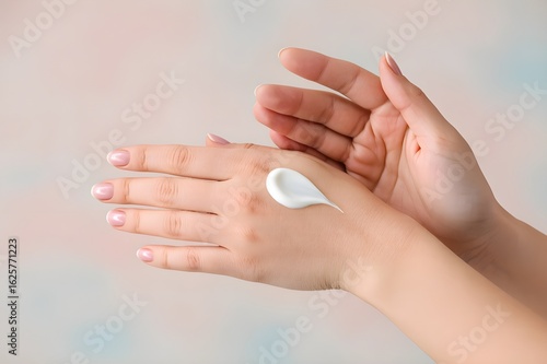 woman's hand applying cream pastel background
