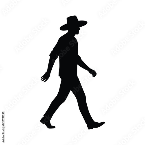 Silhouette of a man walking with a hat, isolated on white background, showcasing style, confidence, and a leisurely stroll in a fashionable manner