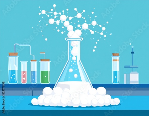 A chemist is conducting a laboratory experiment using an Erlenmeyer flask. They mix materials that react to produce new compounds such as colored foam and smoke until they spill onto the table