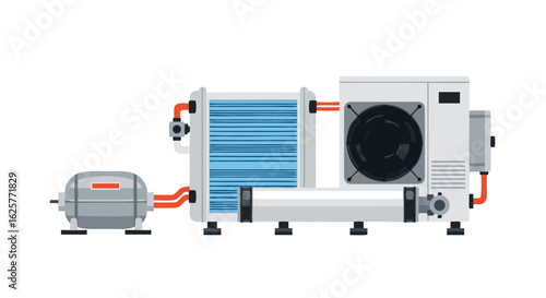 Illustration of industrial refrigeration system featuring a compressor, cooler, and piping showcases modern cooling and engineering design