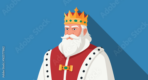 Regal Ruler: Portrait of a Cartoon King with a Golden Crown against Blue Backdrop