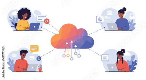 Vector Illustration of Cloud Computing with People Connecting to Network in Modern Flat Style