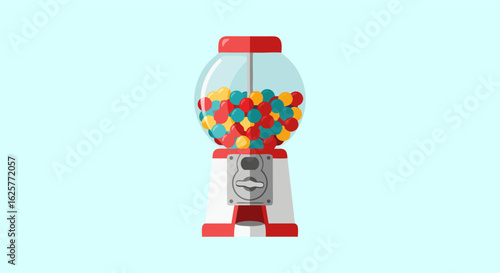 A whimsical depiction of a vintage gumball machine filled with colorful sweets conveys a nostalgic feel and childish joy