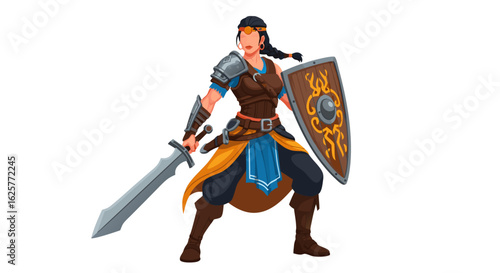Illustration of a Courageous Female Warrior Ready for Battle with Sword and Shield Stance, Isolated on White Background