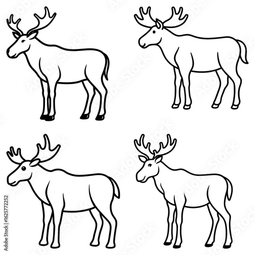 Four outlined moose illustrations in a grid pattern with varying antler shapes and body positions