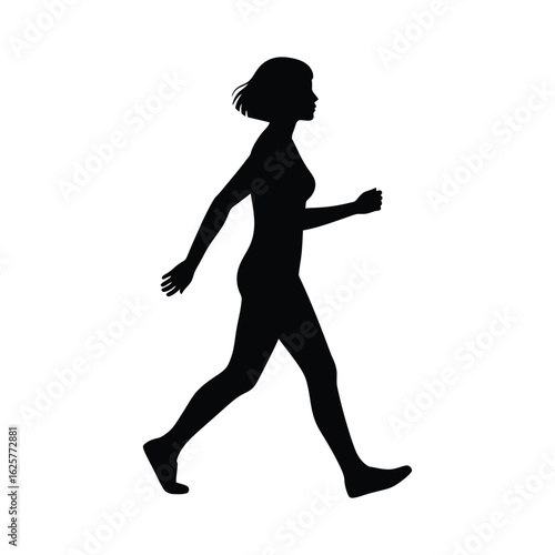 Silhouette of a woman walking, isolated on white background, depicting a healthy and active lifestyle with fitness and exercise in a dynamic side view