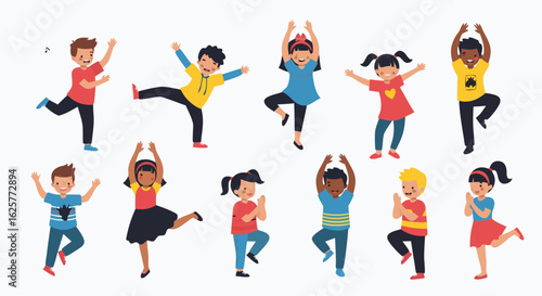 Diverse group of joyful children in dynamic poses exhibiting energy and vitality for positive visuals
