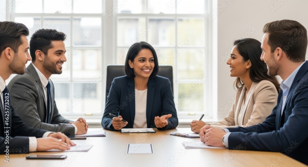 A group of five business professionals in a meeting, discussing a project. A group of five business professionals in a meeting, discussing a project.
