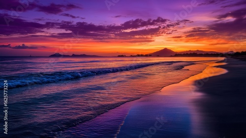 Stunning Vibrant Sunset Over Ocean Waves with Mountain Silhouette and Colorful Sky Reflections