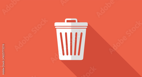 Minimalist Trash Can Icon Design with Flat Style and Long Shadow on Orange Background Depicting Conceptual Digital Deletion