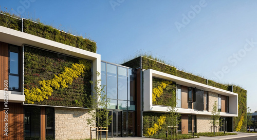 Modern eco-friendly house with a green living wall and solar panels.