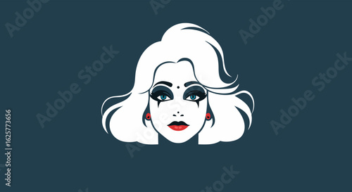 Captivating portrait of a woman with striking makeup and theatrical flair rendered in a flat graphic style for modern aesthetic design