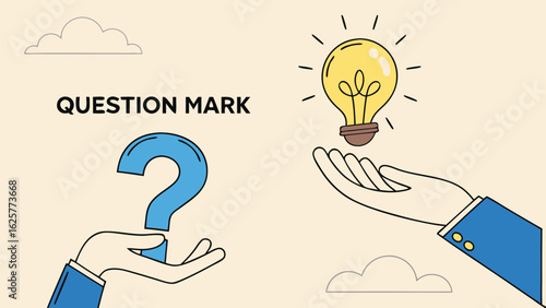Problem Solving:  A Question Mark and Lightbulb Idea in Minimalist Line Art Style.