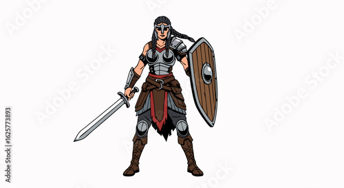 Female warrior illustration standing strong with sword and shield illustration on a white background showcasing preparedness in combat ready