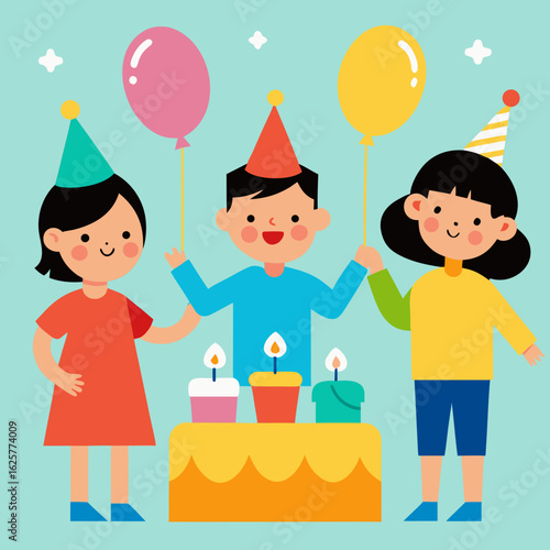 Children celebrating birthday party with cake and balloons