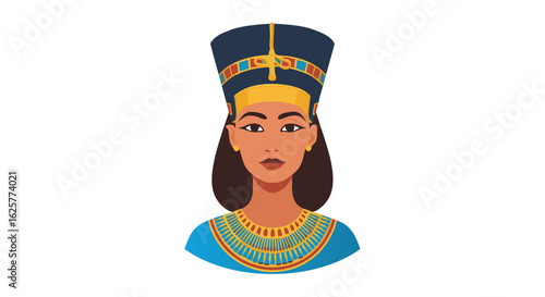 Nefertiti's visage: A stylized depiction of the iconic queen of ancient Egypt in a flat illustration perfect for educational or decorative purposes