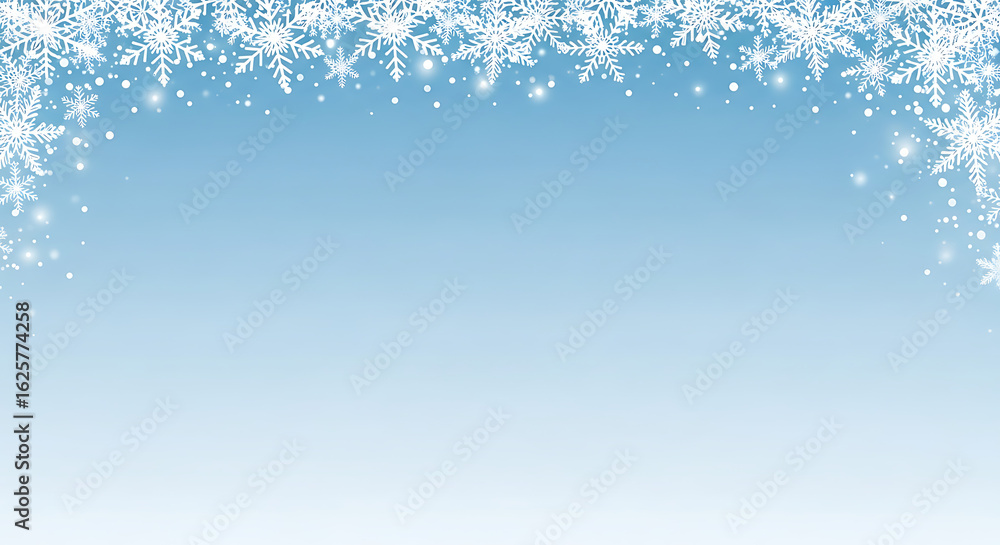 A serene light blue gradient background adorned with a decorative top border of sparkling white snowflakes and falling snow. A serene light blue gradient background adorned with a decorative top border of sparkling white snowflakes and falling snow.