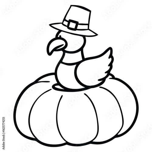 Cute cartoon turkey wearing a pilgrim hat celebrating thanksgiving isolated on white background