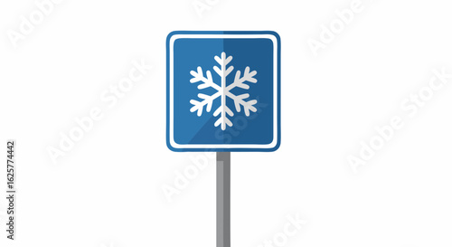 Stylized road sign illustrating a white snowflake on a blue square panel against an plain white background