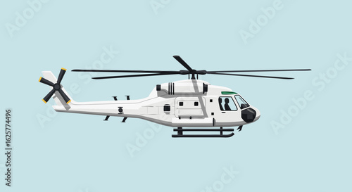 Elegant white helicopter soars against serene blue backdrop in striking cartoon animation design style illustration rendering