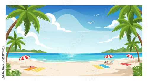 Serene tropical beach scenery with palm trees, white sand, turquoise water and gentle sea breeze conveys a sense of calm and relaxation