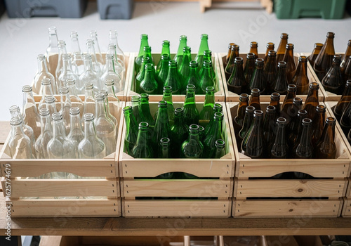 Crates of empty green glass bottles ready for recycling or reuse.