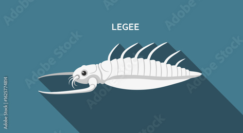 Stylized illustration of a Legee crustacean in shades of white with long shadow on blue background