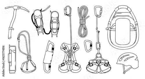 Essential Mountaineering Gear Line Art: A Detailed Overview of Climbing Equipment for Adventurous Expeditions