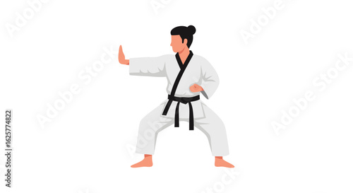 Focused martial artist demonstrating a defensive karate stance with precise posture and controlled movement on isolated background illustration