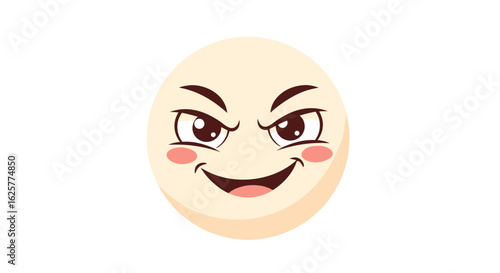 Expressive round cartoon face showcasing a mischievous sly or cunning playful demeanor and animation for diverse digital platforms and communication