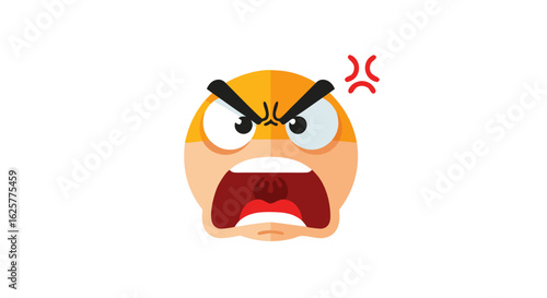 Expression of anger shown by cartoon emoticon with scowling brows, big eyes, mouth open, expressing an emotional distress using graphic flat design