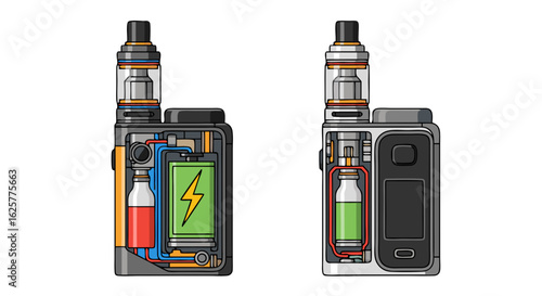 Detailed cross-section illustration showcasing the internal components of two vape mods showcasing e-cigarette technology