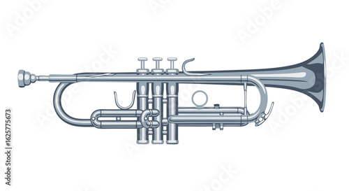 Artistic rendering of a silver trumpet isolated on a white background, showcasing its intricate details and design in a minimalist aesthetic