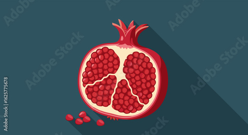 Stylized Pomegranate Illustration with Long Shadow on Teal Backdrop Artful Design  minimalism vector simplicity graphic freshness vibrant