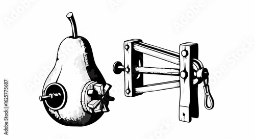 Whimsical pear creation and vintage apparatus art, a blend of natural forms and mechanical design evoking surreal artistic expression
