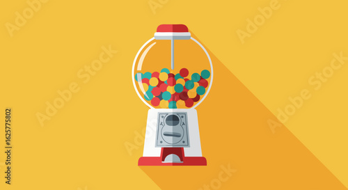 Colorful Flat Illustration of a Classic Gumball Machine Dispensing Sweet Treats, Symbolizing Childhood Nostalgia and Simple Joys on a Sunny Yellow