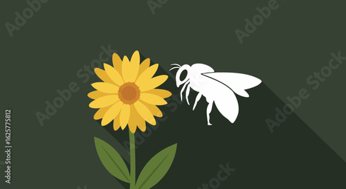 A simple, flat design featuring a vibrant yellow flower with a white bee hovering near the bloom on a green background