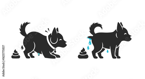 Two dog silhouettes showcasing canine anal gland expression concept humorously illustrating potential vet visit anxieties and relief through