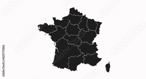 Detailed administrative divisions vector map of France showcasing its regions and departments, presented in a minimalist black and white style