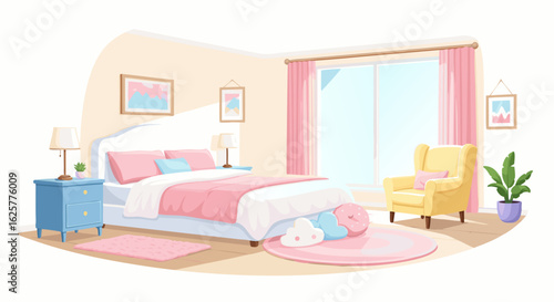 Charming Pastel Bedroom Haven with Cozy Accents and Serene Window Views Offering a Peaceful Retreat