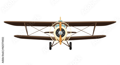 Nostalgic flight illustration: Detailed front view of a vintage biplane, classic design for aviation themed projects showcasing adventure and history