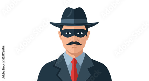 Stylized depiction of a mysterious man with hat, mask, and suit implying intrigue and secrecy that invite reflection