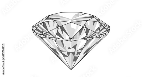 Geometric diamond illustration with facets and crisp lines creating a sophisticated and elegant rendering  of a precious gemstone against a plain