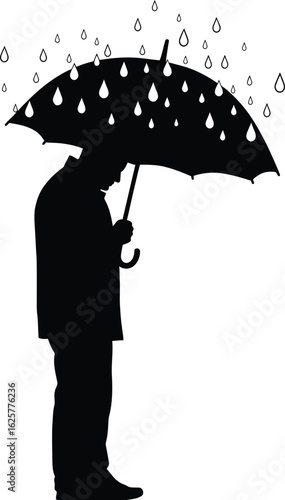 A Man Standing Sadly With An Umbrella During A Heavy Rainstorm, Conveying Feelings Of Loneliness, Melancholy, And Depression.
