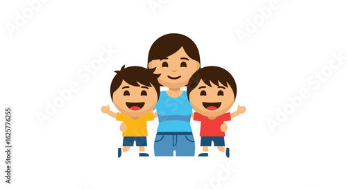 Cartoon illustration depicting a mother lovingly embracing her two sons, rendered with simplicity and affection for family oriented theme