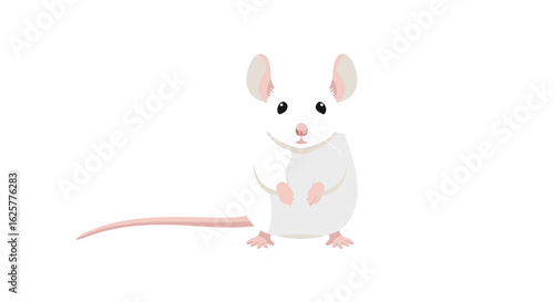 Charming cartoon white mouse with pink ears and tail on a plain background in a minimalist design perfectly balanced in the composition with fine