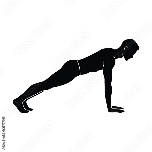 Silhouette of a man doing pushup exercise isolated on white background, demonstrating strength, endurance, and control through disciplined body movement
