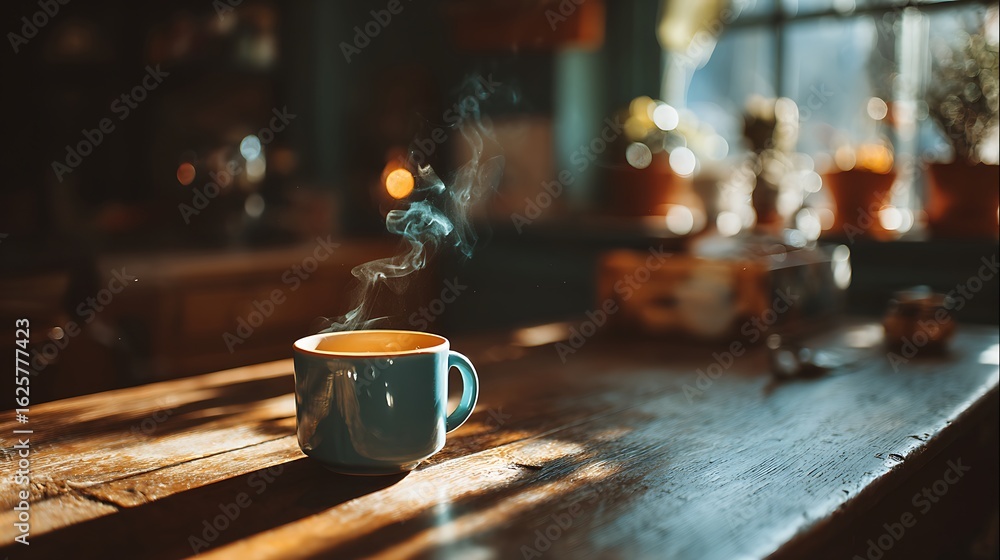 Warm Blue Coffee Mug on Rustic Wooden Table in Sunlit Kitchen Warm Blue Coffee Mug on Rustic Wooden Table in Sunlit Kitchen